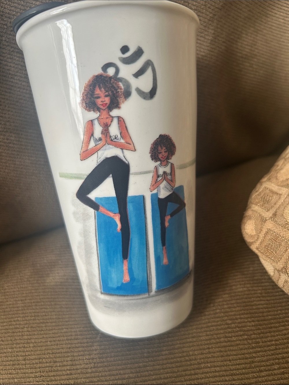 White Ceramic Yoga Tumbler with Blue Panels and Yoga Illustration